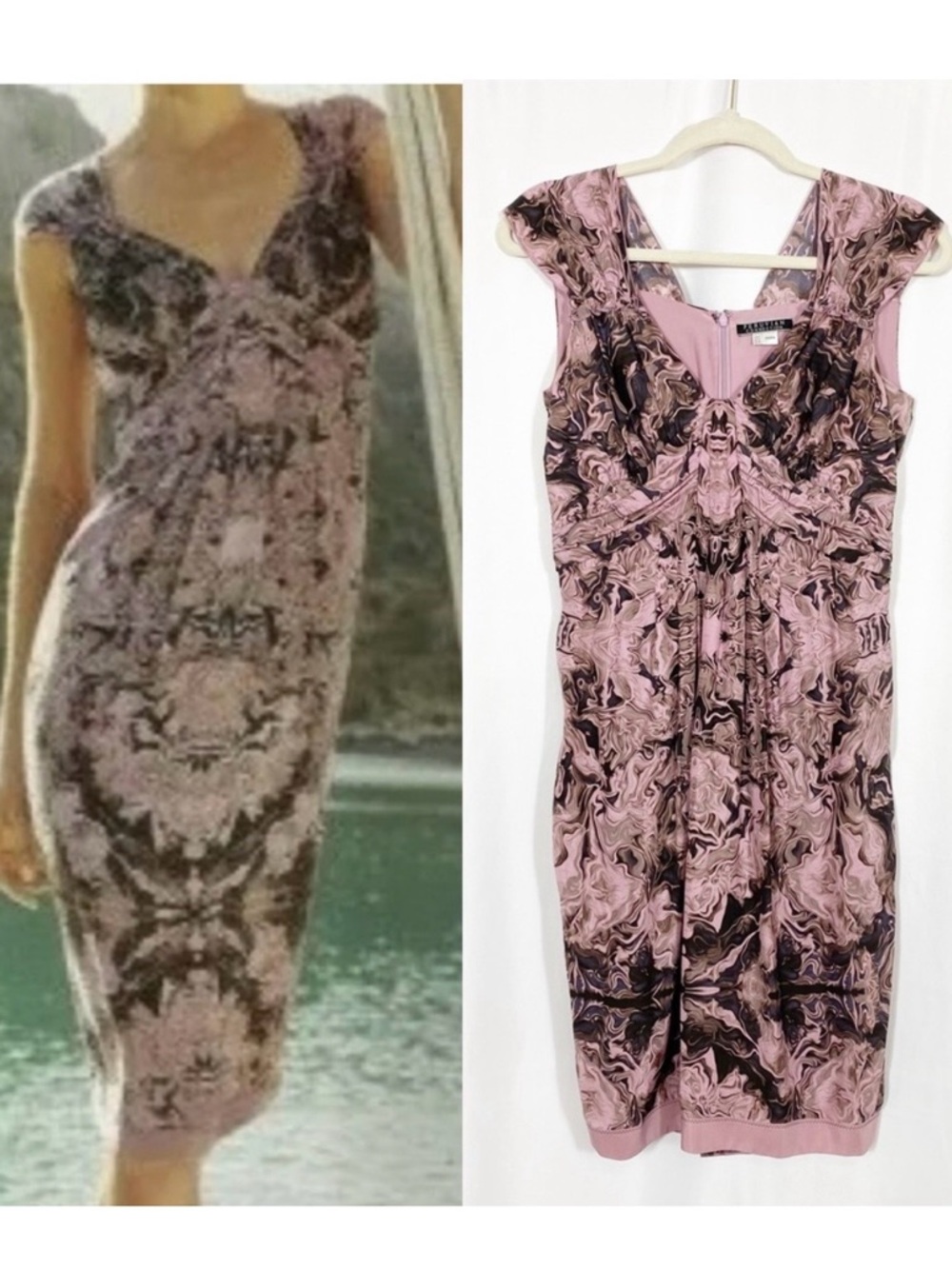 Peruvian Connection Marble Printed Silk Sleeveless Sheath Dress: Pink/Brown